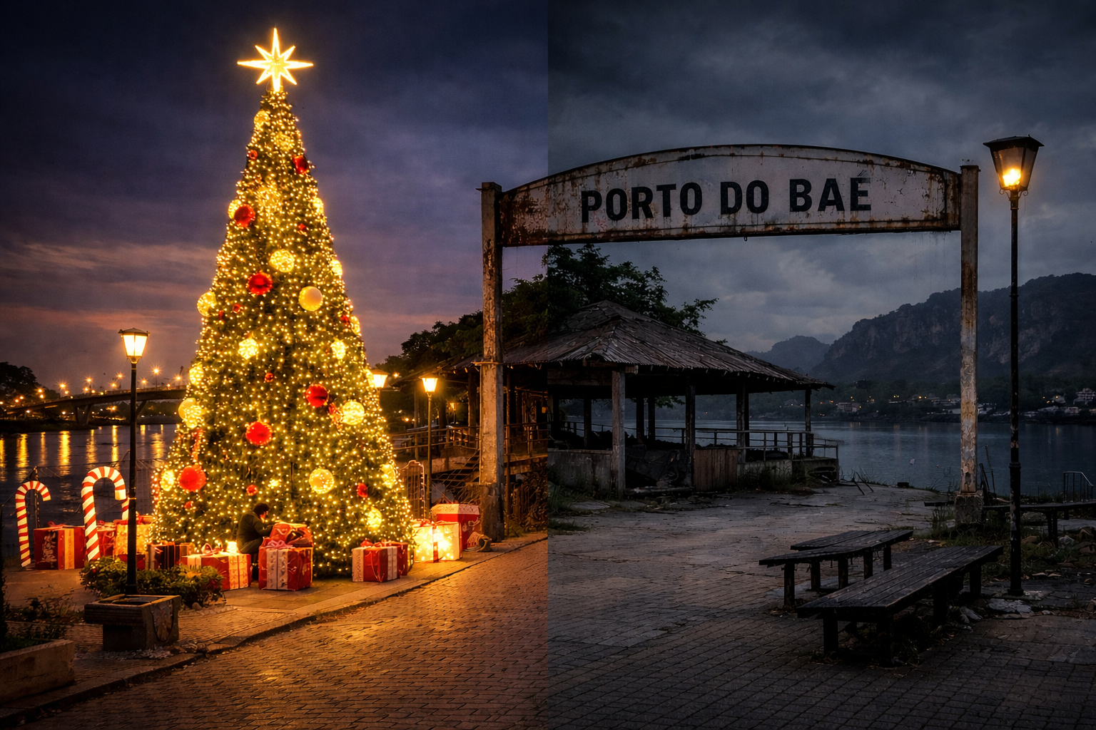 Entre a árvore iluminada e o porto às escuras
